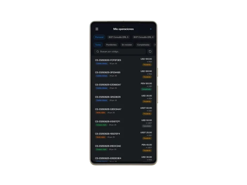 Pantalla de Historial de operaciones en SALDO.pe